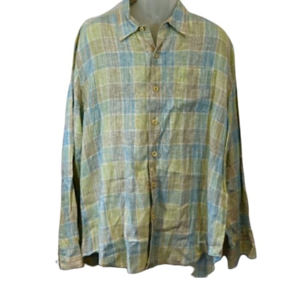 Tommy Bahama Green Blue Plaid Button Down Shirt XL